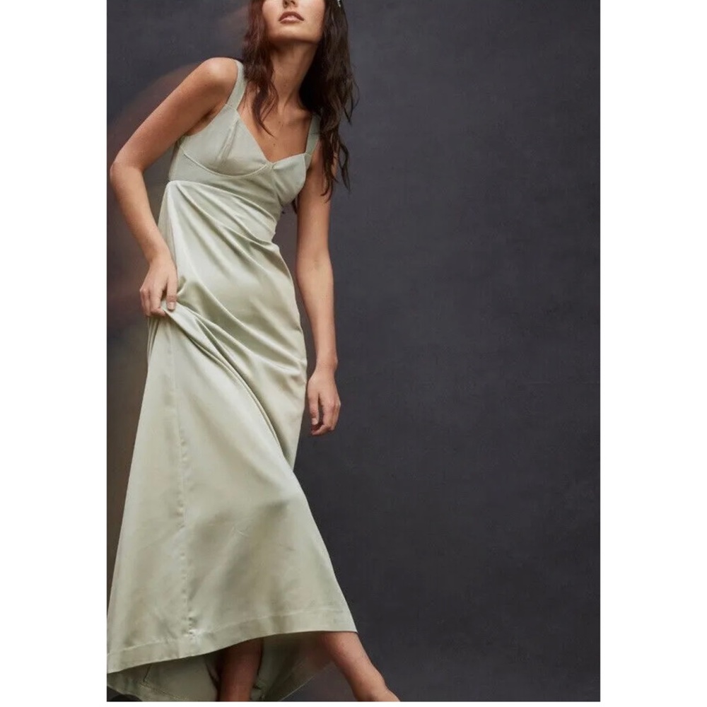 Free People Gia Green Satin Bodice Maxi Slinky Tie Back Slip